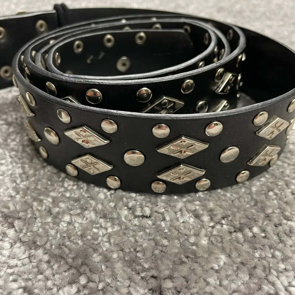 Unbranded Black Leather Belt Womens 46 Metal Studded Floral Buckle Ladies